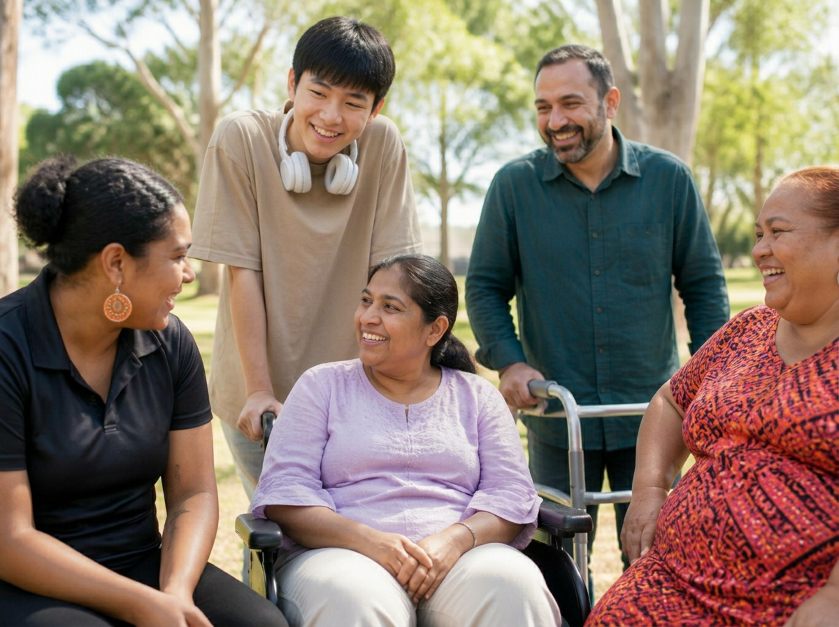 A multicultural group of NDIS participants and a support worker laughing together in a Queensland park